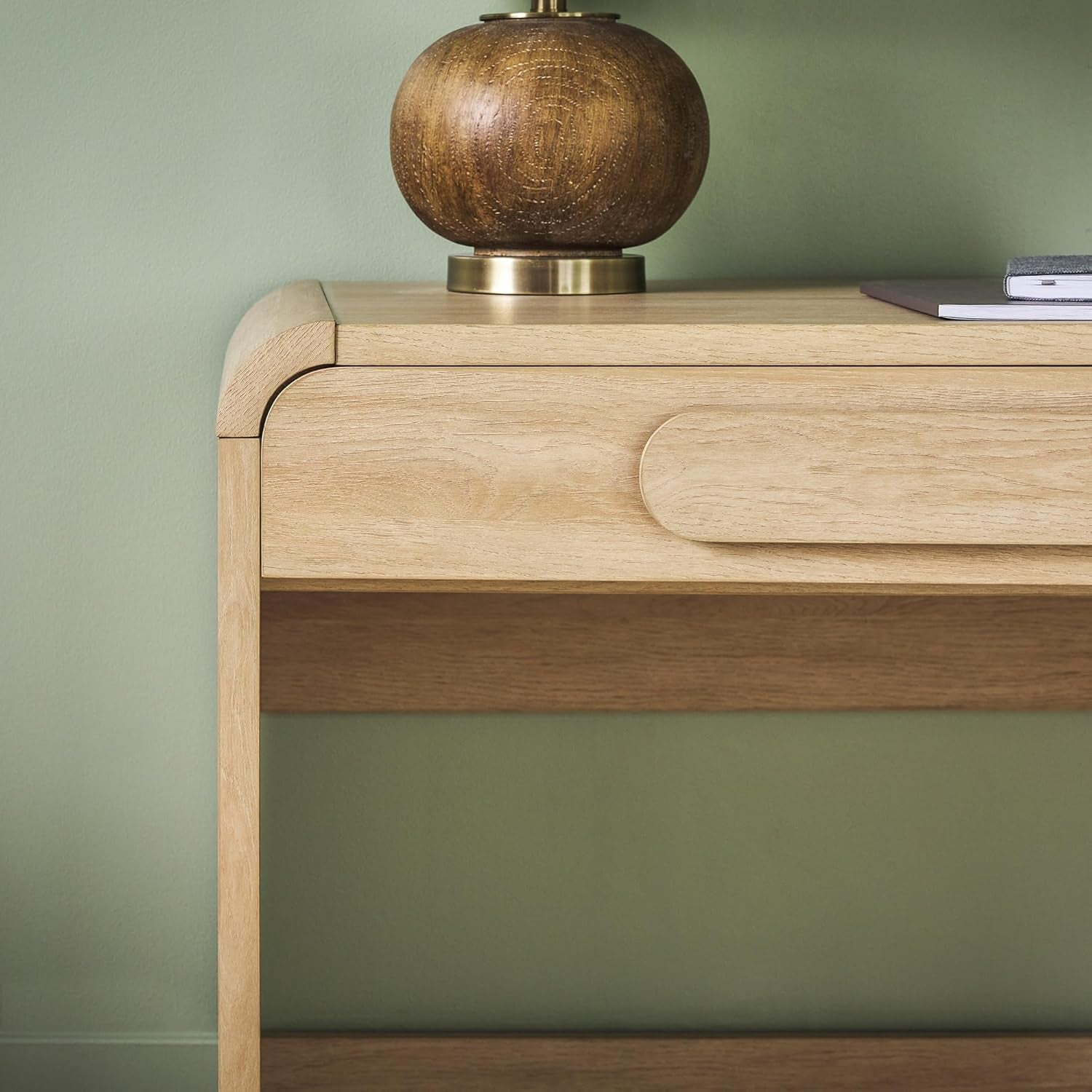 Modern Curved Waterfall Desk with Drawers, Rounded Edge Desk for Home Office or Living Space, Statement Console Table with Oversized Drawer Pulls, 45”W X 20”D X 30”H, Coastal Oak