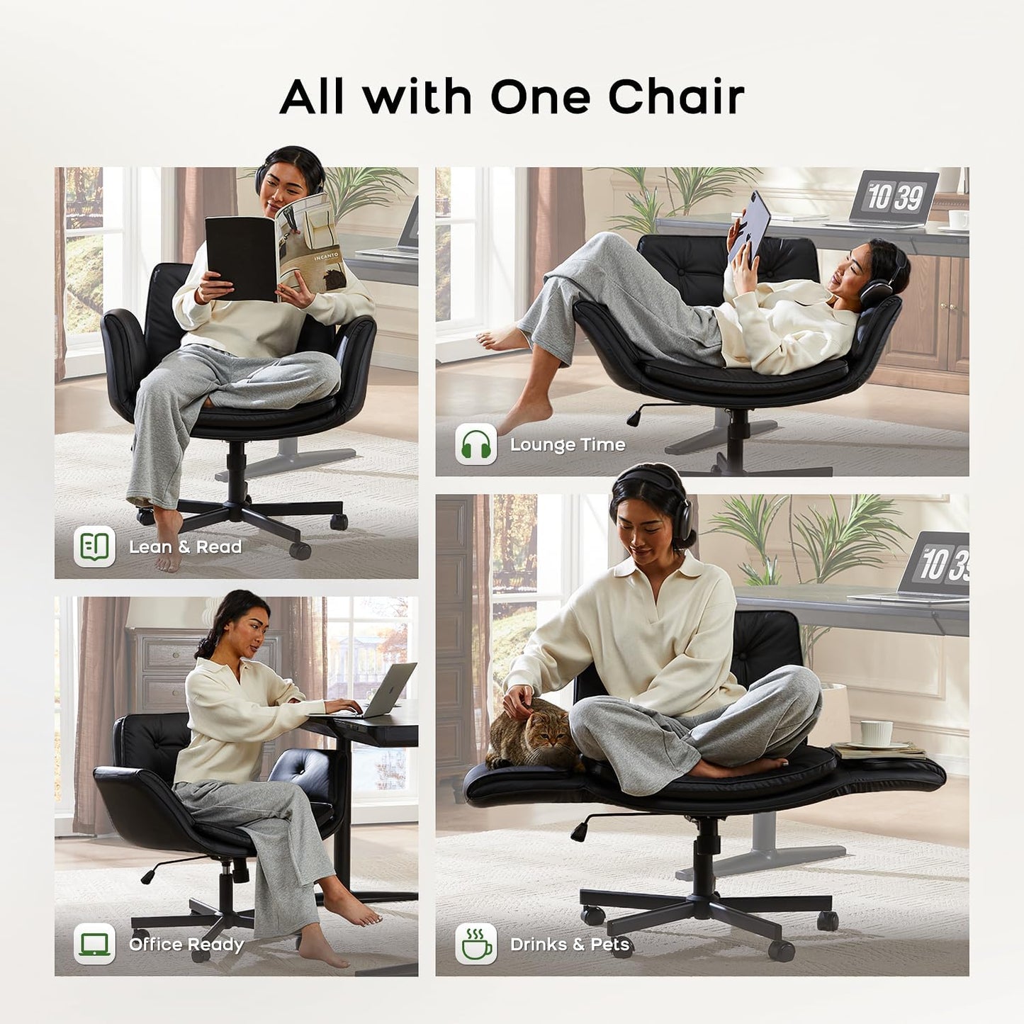 Criss Cross Chair with Armrests & Wheels, PU Leather Vanity Chair, Comfortable Adjustable Swivel Computer Office Desk Chairs for Home, Make Up, Bed Room (Pink)