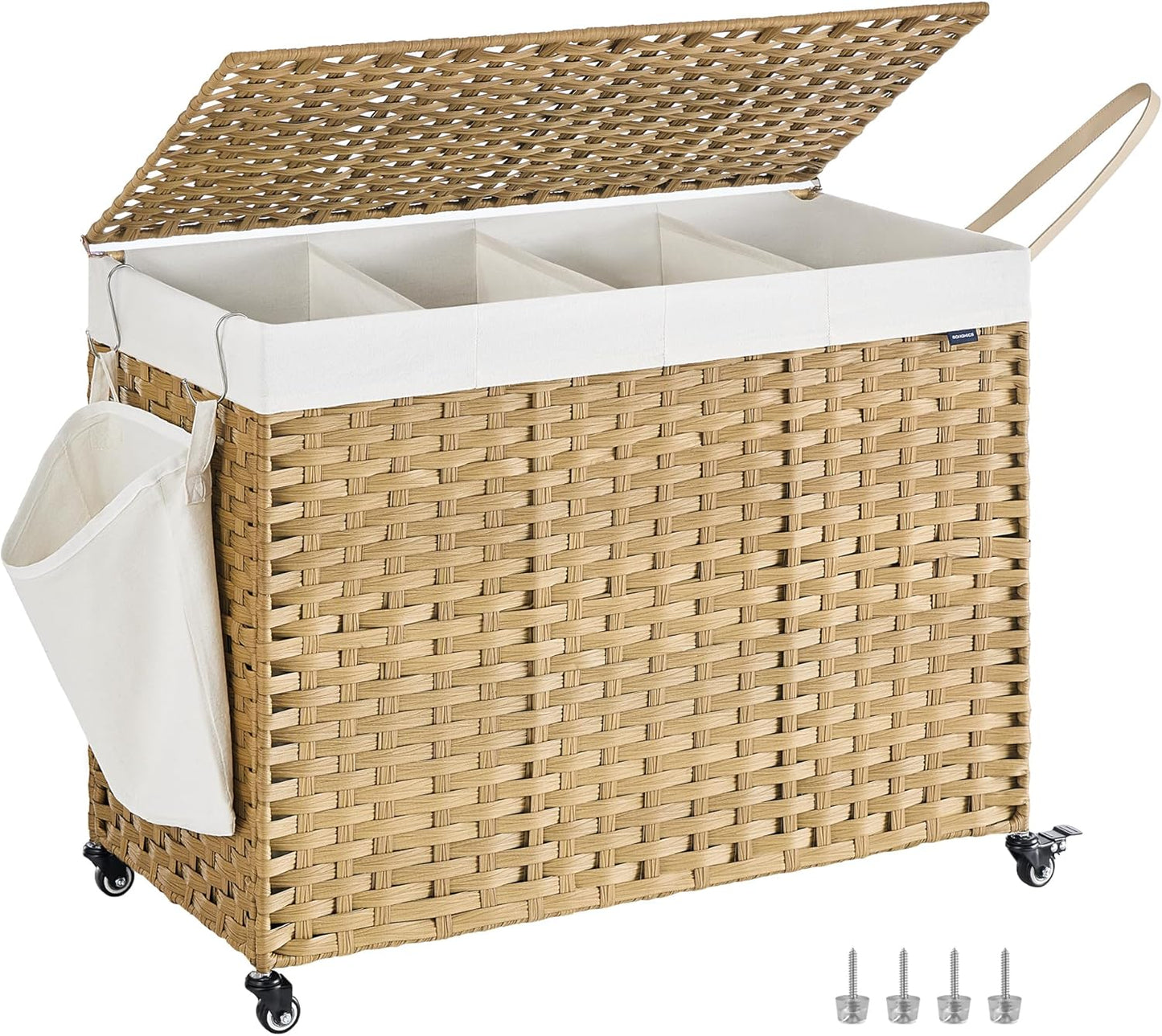 Laundry Hamper with Lid, 42.3 Gallons (160 L), Rolling Laundry Basket with Wheels, 3-Section Synthetic Rattan, Removable Liner, Bedroom, 27.6 X 14.2 X 26 Inches, Natural ULCB365N01
