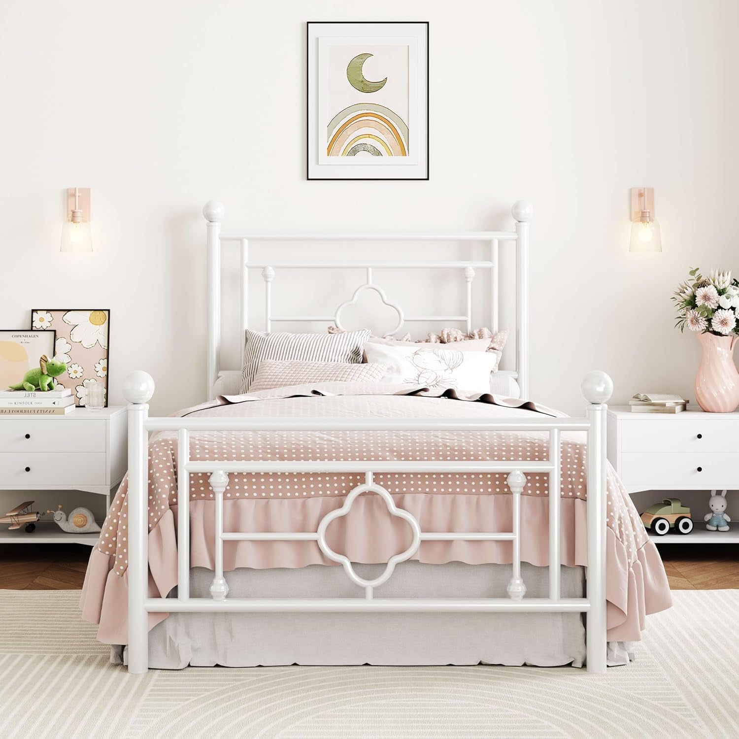 14 Inches Twin Size Metal Platform Bed Frame/Vintage Iron-Art Headboard and Footboard/Mattress Foundation for Storage/No Box Spring Needed/Noise-Free/Easy Assembly/White
