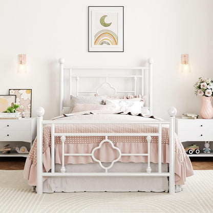 14 Inches Twin Size Metal Platform Bed Frame/Vintage Iron-Art Headboard and Footboard/Mattress Foundation for Storage/No Box Spring Needed/Noise-Free/Easy Assembly/White