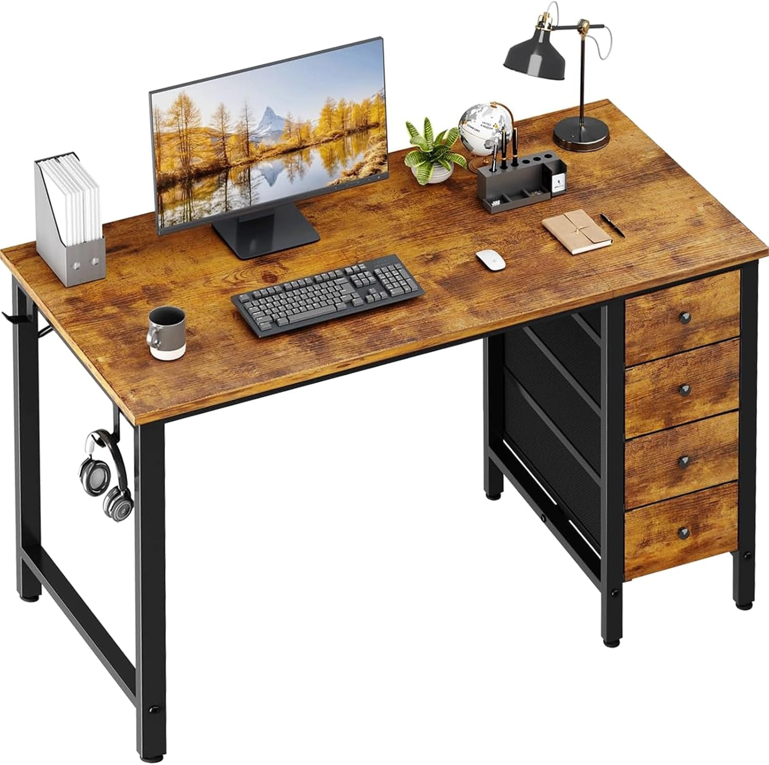47 Inch Computer Desk with 4 Fabric Drawers, Reversible Writing Work Study Desk for Home Office Bedroom, Modern Simple Student PC Desks, Rustic Brown