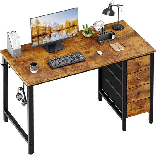 47 Inch Computer Desk with 4 Fabric Drawers, Reversible Writing Work Study Desk for Home Office Bedroom, Modern Simple Student PC Desks, Rustic Brown