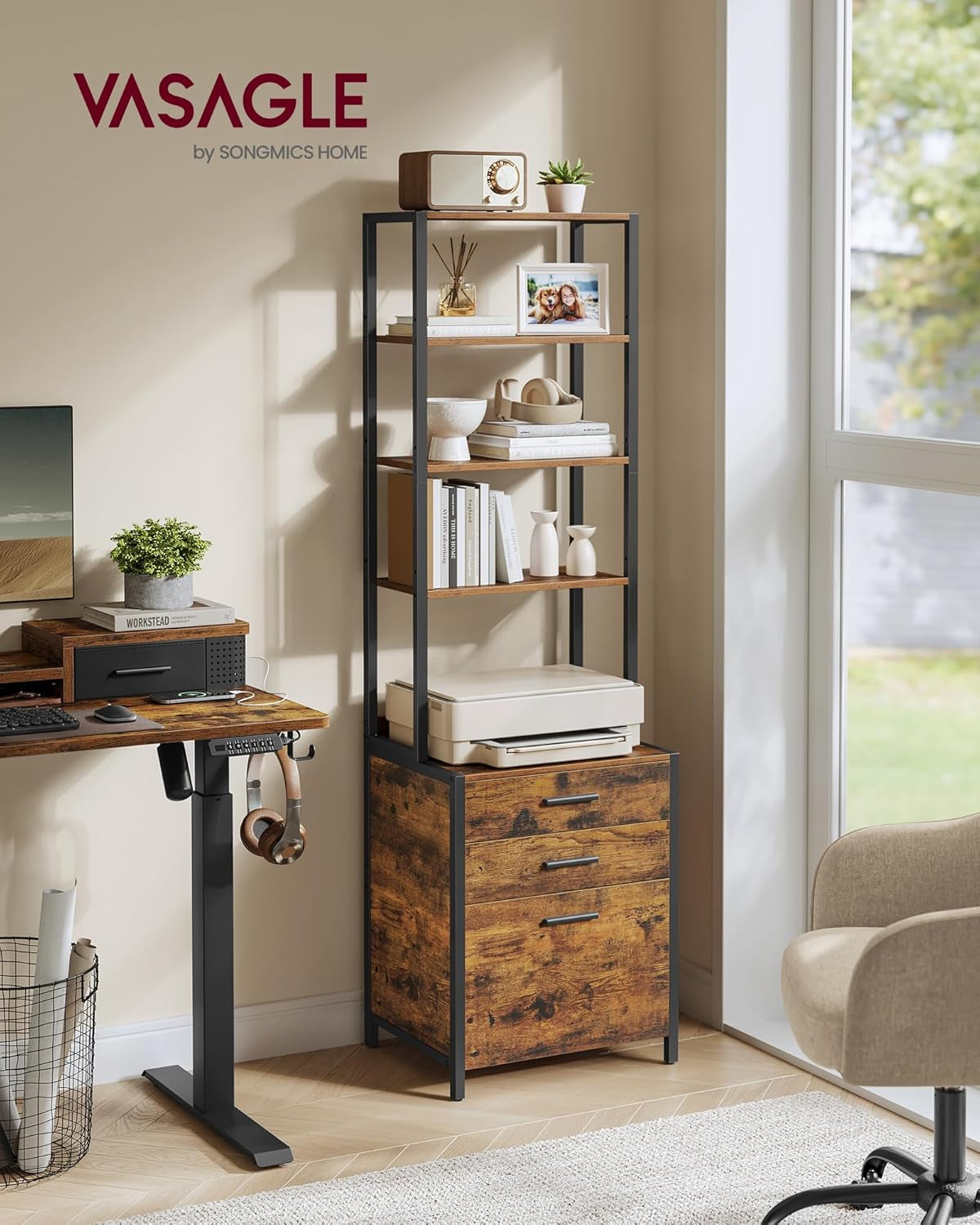 Lateral File Cabinet, Home Office Printer Stand, 2-Drawer Filing Cabinet, with Anti-Tip Interlocking Mechanism, for A4, Letter-Size, Legal-Size Hanging Files, Rustic Brown and Ink Black