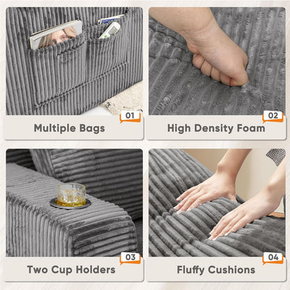 Oversized Chaise Lounge Chair, Cloud Couch with Fluffy Upholstered, Deep Seat Sleeper Sofa Bed with Two Cup Holders, Comfy Boneless Couch No Assembly Required for Living Room, Apartment (Grey)