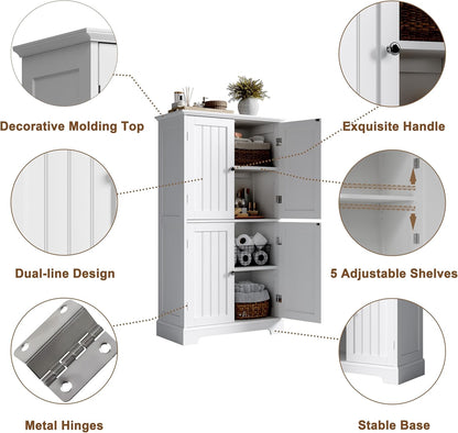 Bathroom Floor Cabinet, Modern Bathroom Storage Cabinet with 4 Doors and Adjustable Shelves, Freestanding Cupboard for Living Room, White