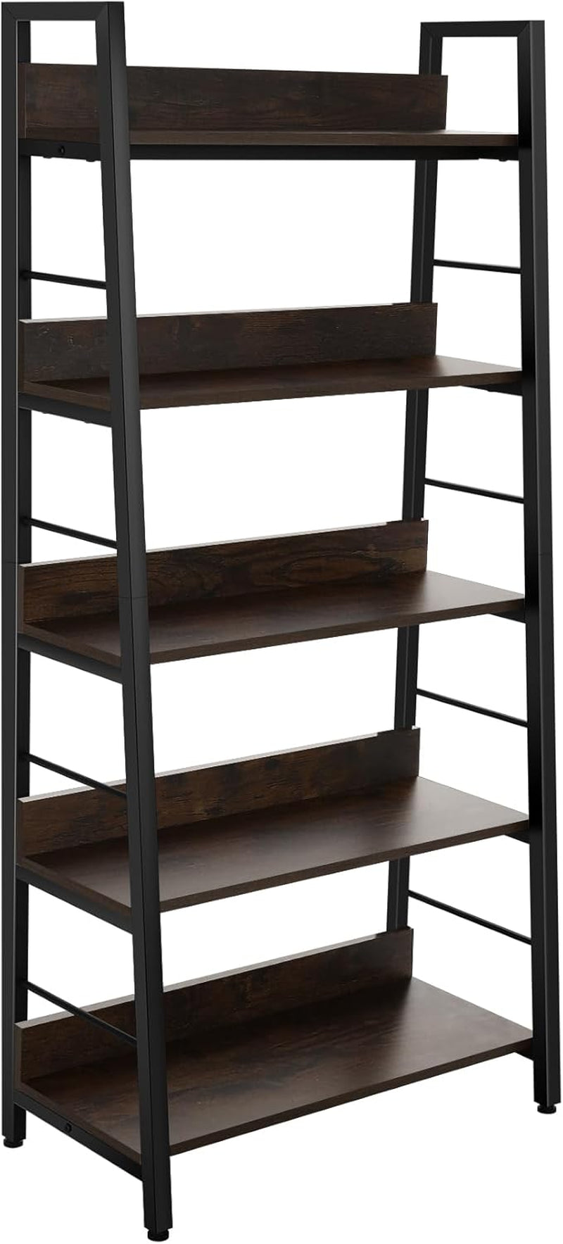 5 Tier Book Shelf, Rustic Industrial Ladder Bookshelf Wood Metal, Dark Brown Farmhouse 28'' Wide 59''Tall Ladder Shelf Living Room, Bedroom, Home Office