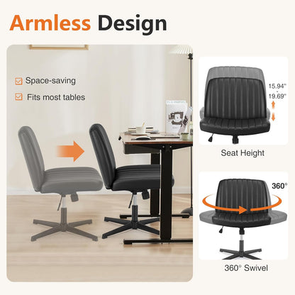 Criss Cross Chair Legged, PU Leather Armless Office Swivel Desk Chairs No Wheels, Vanity Height Adjustable Wide Seat Faux Leather Computer Task Chair for Home Bedroom, Pu-Black