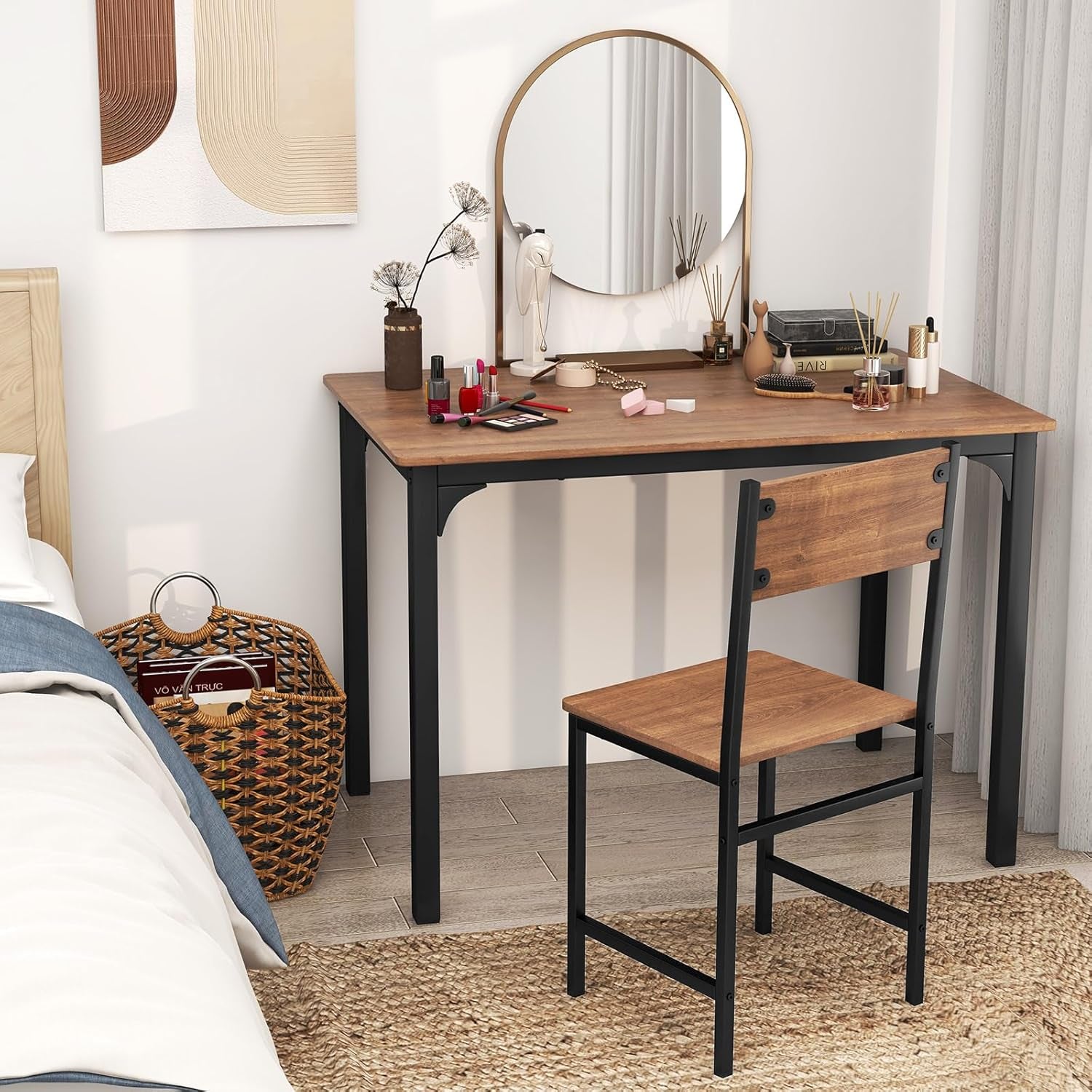 Dining Table Set for 4, 43" Kitchen Table and Chairs, Dining Bench with Metal Frame & Storage Rack, 4-Piece Modern Functional Desk Set for Dinette, Small Space, Apartment, Restaurant, Walnut