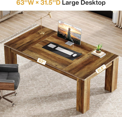 63-Inch Executive Desk, Large Office Computer Desk, Simple Workstation Writing Table Study Table for Home Office, Rustic Brown