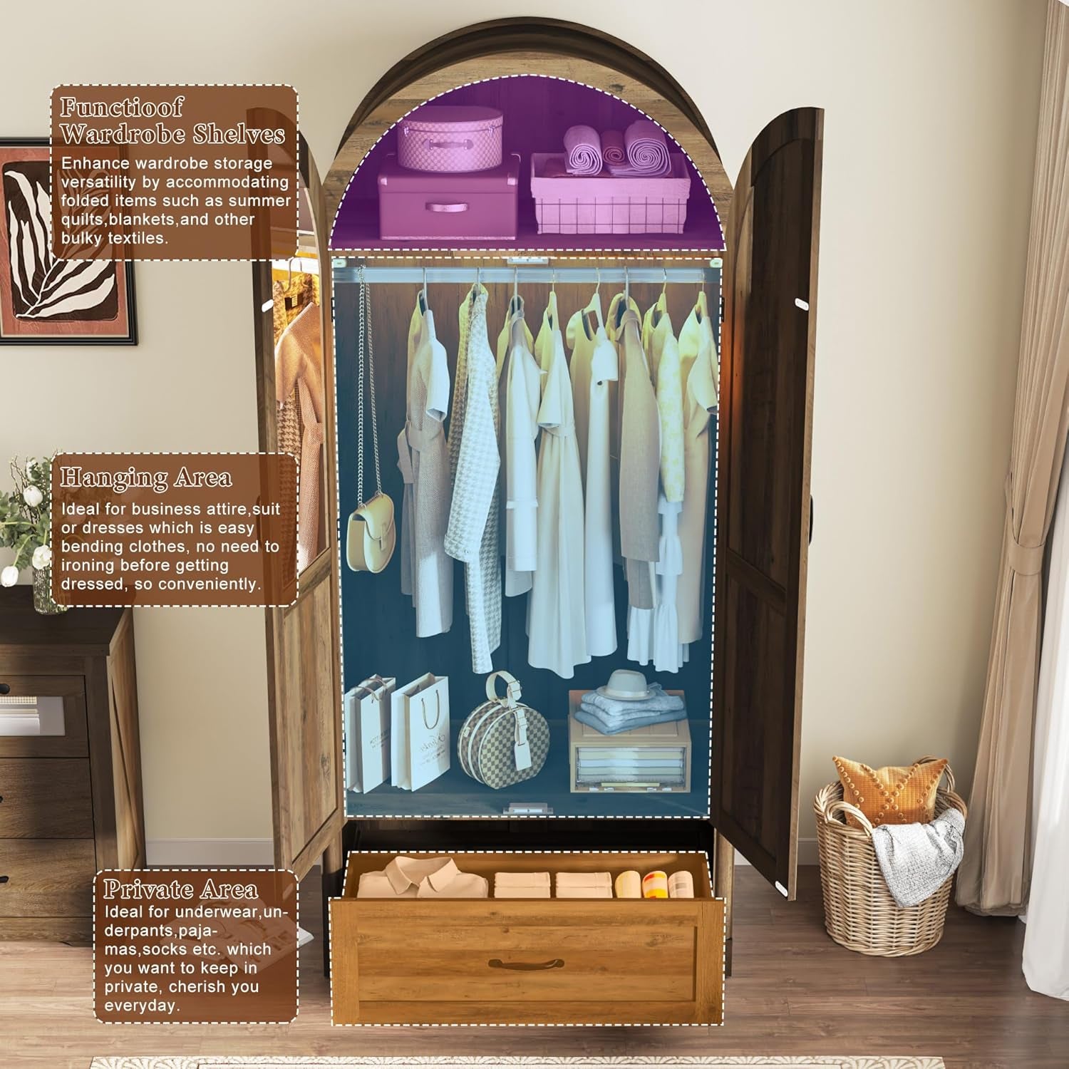 2 Doors  with Mirror and Lights, 71" Farmhouse Arched Wooden Wardrobe Cabinet with Drawers,Hanging Rod, Clothing Storage Closet Cabinet for Bedroom,Light Rustic Oak