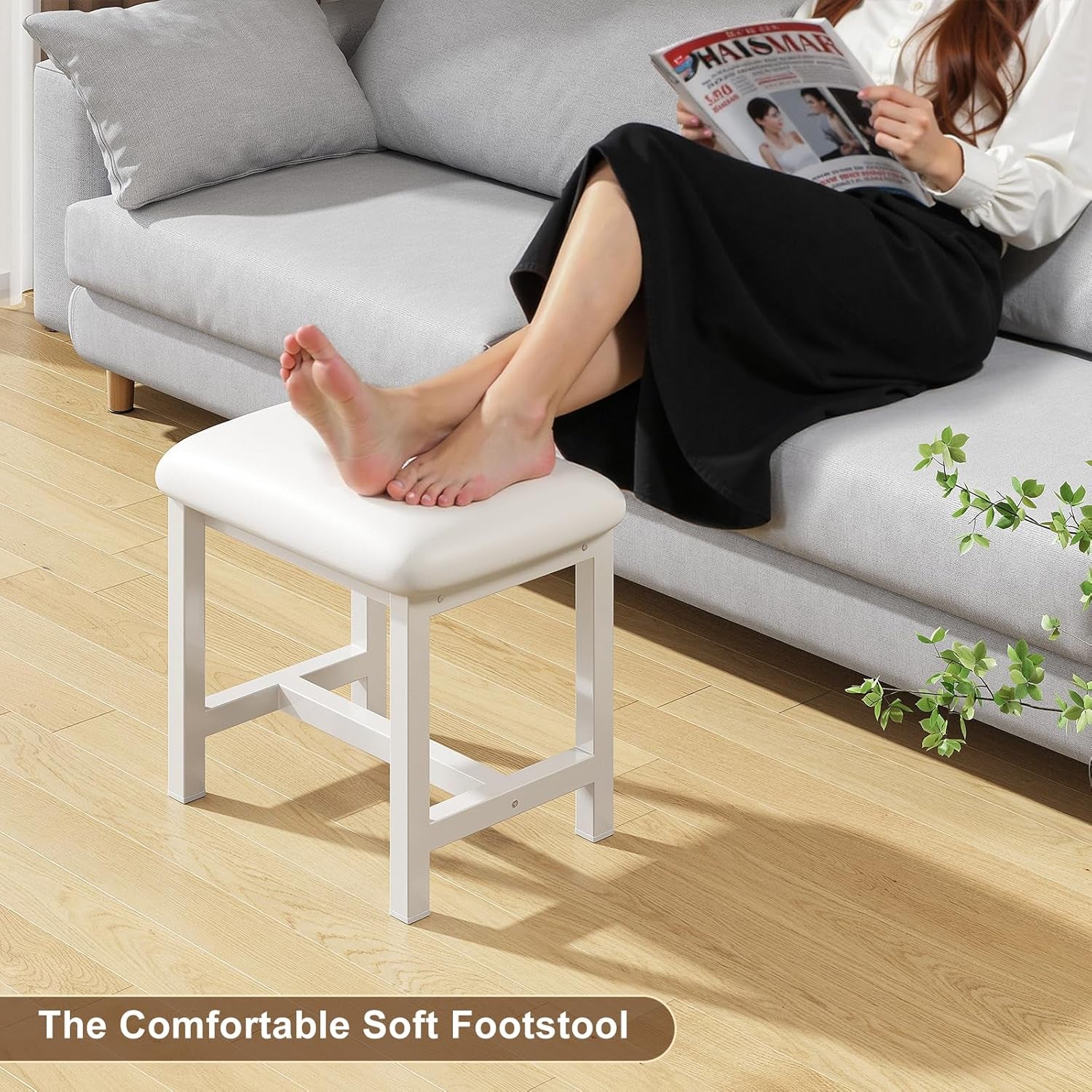 White Vanity Stool, Small Vanity Chair, Cute Makeup Bench Seat with Leather Cushioned, Desk Stools for Bedroom, Bathroom, Entryway, Living Room, Office