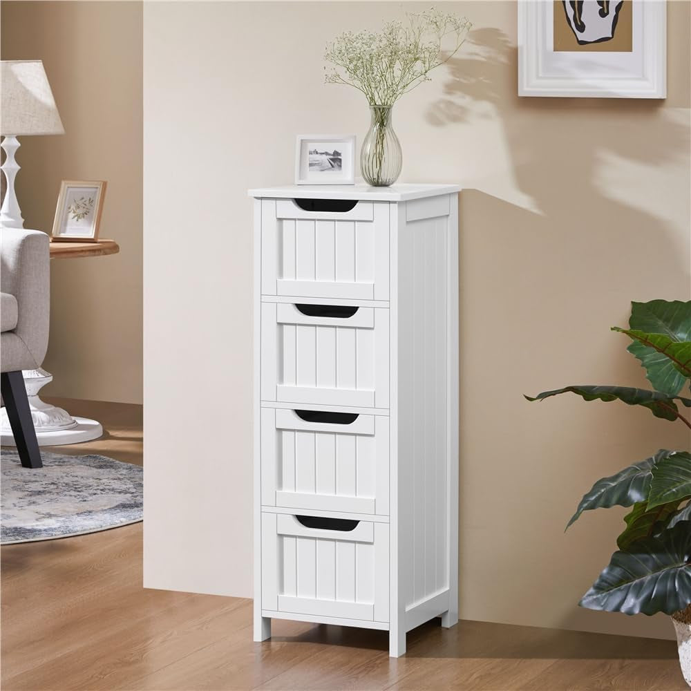 Bathroom Floor Cabinet, Wooden Side Storage Organizer, 4 Drawers Free-Standing Cabinet for Bathroom/Hallway/Living Room, White