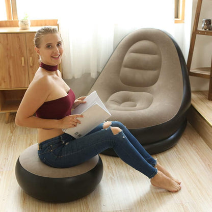 Inflatable Lounge Chair for Adults, Folding Portable Lazy Sofa with Foot Stool Lazy Flocking Recliner Chair Air Couch Sofa for Indoor Outdoor Travel Camping（No Pump）