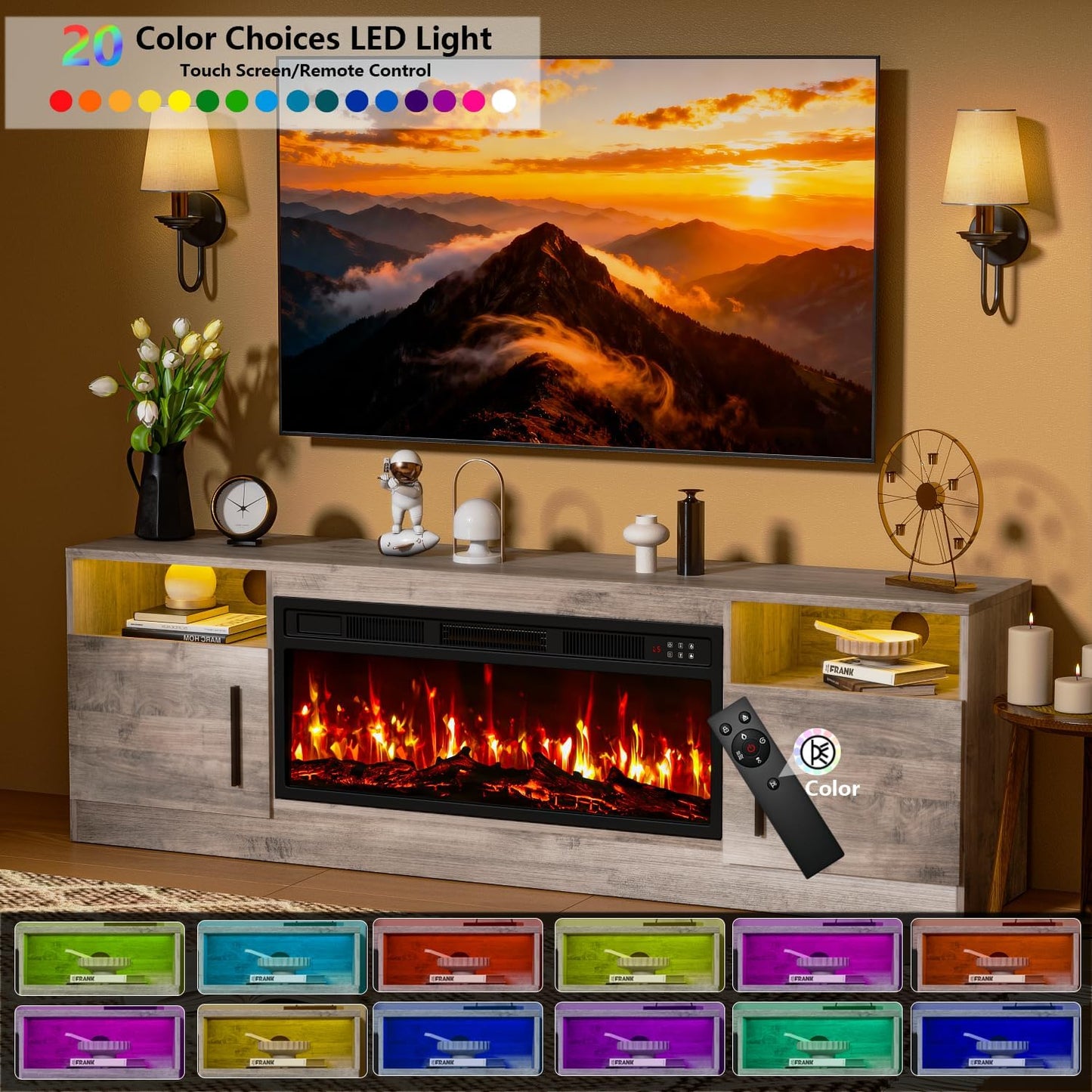 Fireplace TV Stand with 36" Fireplace up to 80" Tvs,70" Entertainment Center with LED Lights,Remote Control,Tv Media Console with Storage Cabinets for Living Room, Gray