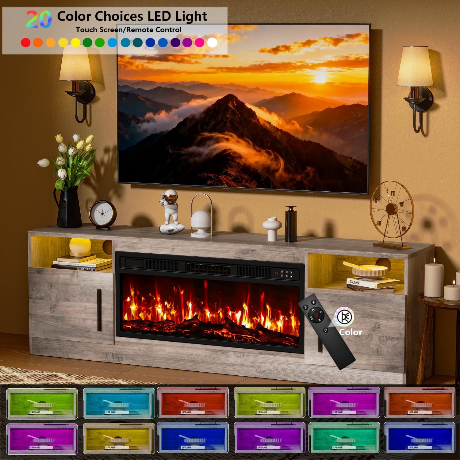 Fireplace TV Stand with 36" Fireplace up to 80" Tvs,70" Entertainment Center with LED Lights,Remote Control,Tv Media Console with Storage Cabinets for Living Room, Gray