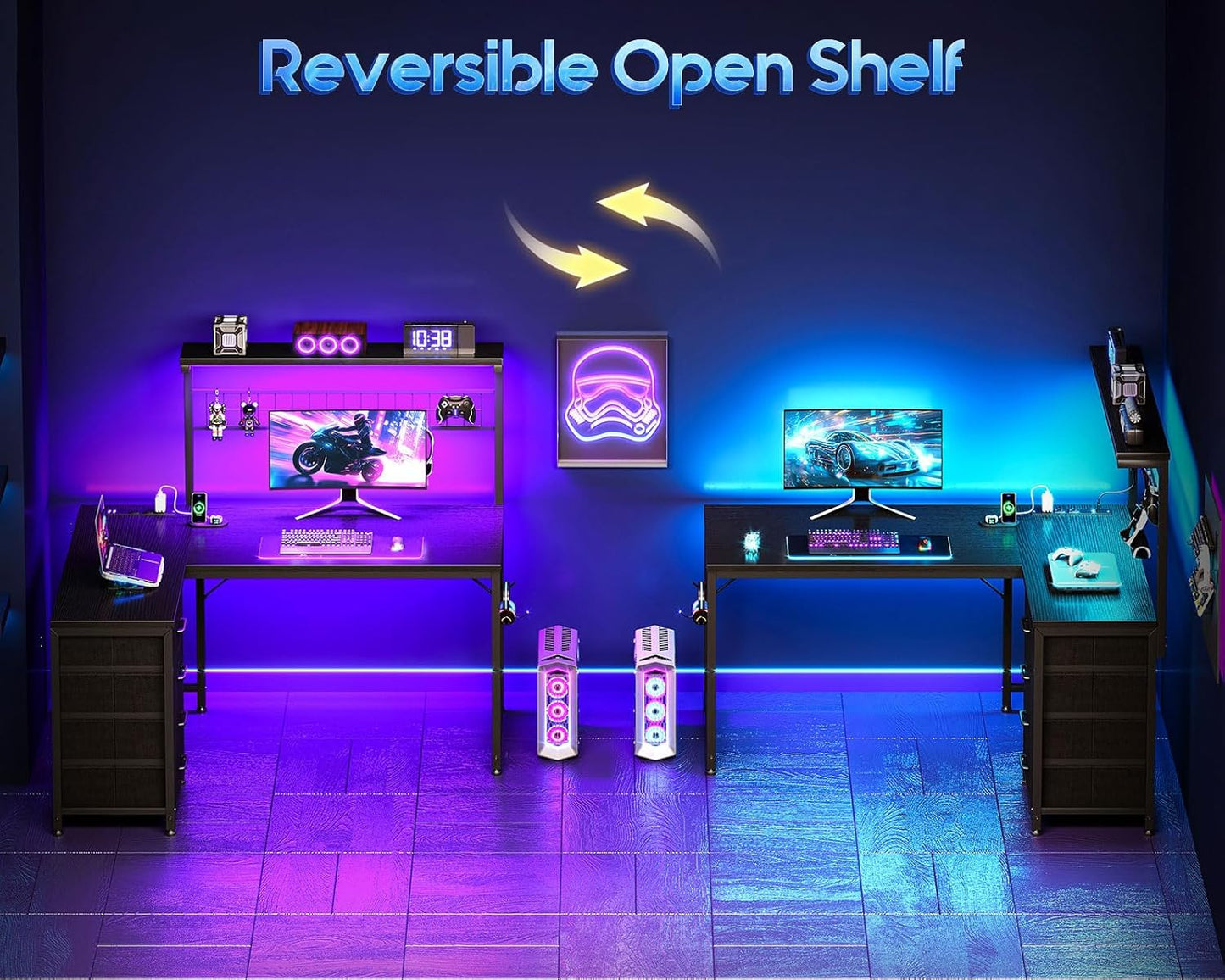 L Shaped Gaming Desk with Shelf & 4 Drawers, 43" Reversible Computer Desk with LED Light, Home Office Table with Hutch and Hook, Black