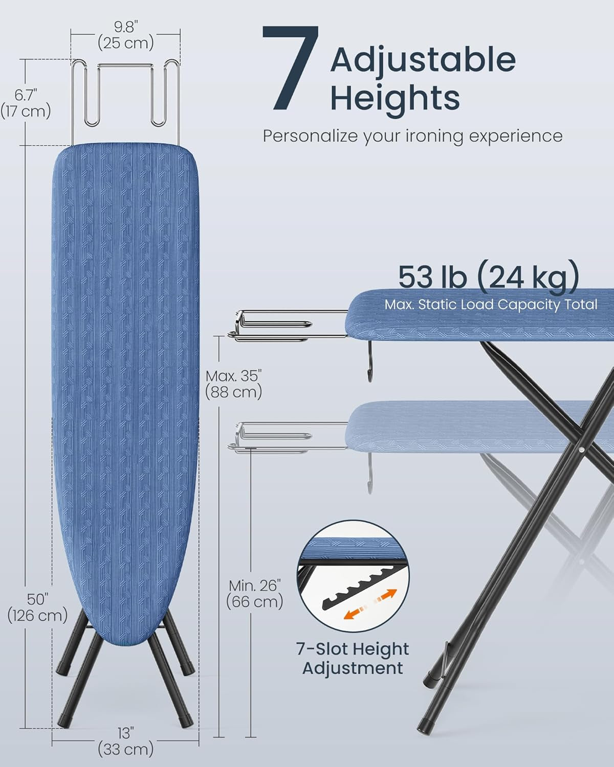 Ironing Board, Foldable Iron Board, Height Adjustable up to 35 Inches, with 4 Layered Cover and Pad, Iron Rest, Hook, Steel X-Legs, for Home, Laundry Room, Dorm, Midnight Blue ULLB001Q01