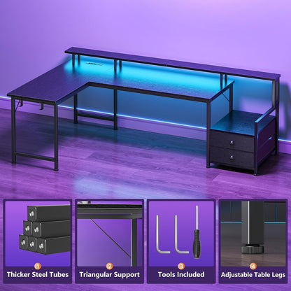 66'' L Shaped Gaming Desk with Drawers and Storage Shelves, Reversible Corner Desk with Power Outlets and Host Stand, Large Computer Desk with Led Lights for Gaming, Work, Home Office, Black