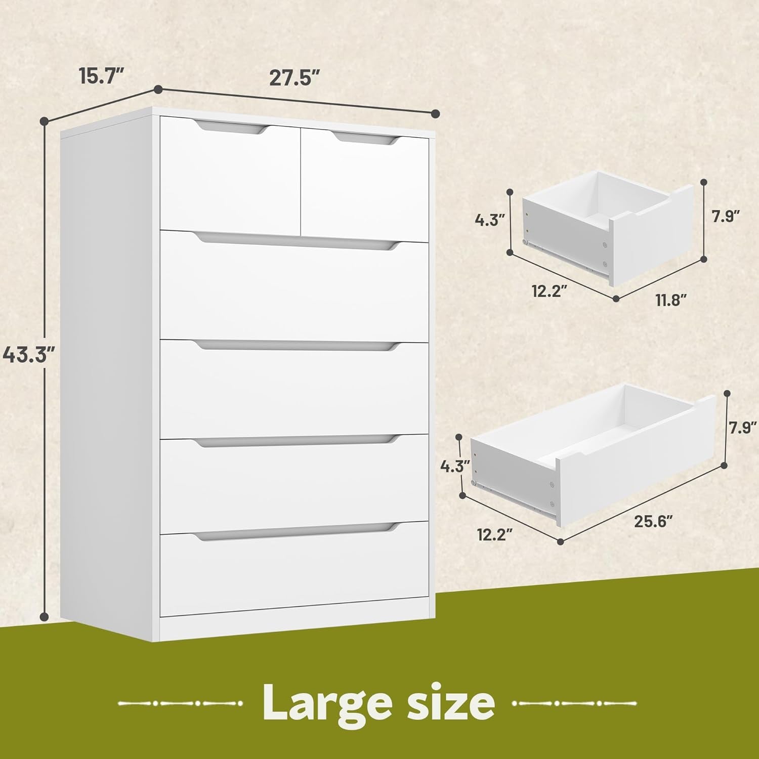 6 Drawer Dresser for Bedroom Tall Chest of Drawers for Hallway,White,43.2" H X 27.6" W X15.6 D