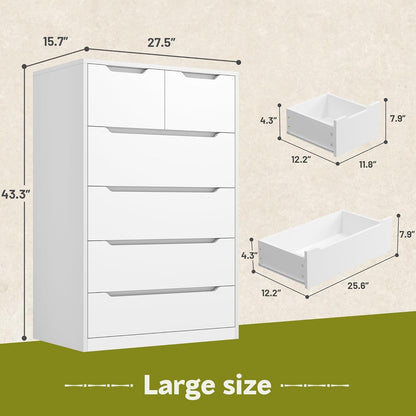 6 Drawer Dresser for Bedroom Tall Chest of Drawers for Hallway,White,43.2" H X 27.6" W X15.6 D