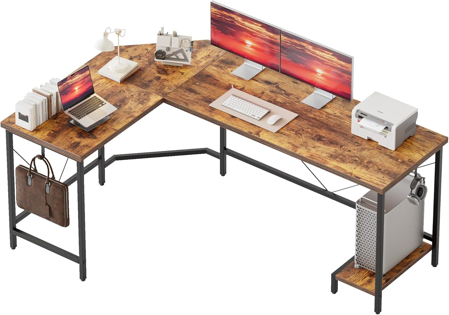 50 Inch Large L Shaped Desk, Simple Corner Gaming Desk with CPU Stand & Hooks, Computer Desk for Home, Bedroom & Office Workspace, Rustic Brown