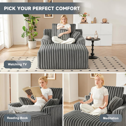 63" Oversized Chaise Lounge Chair Indoor, Boneless Couch Chair with 3 Pillows, Comfy Reading Chair with Wide Arms, No Assembly Required Corduroy Couch, Sleeper Sofa for Living Room, Gray