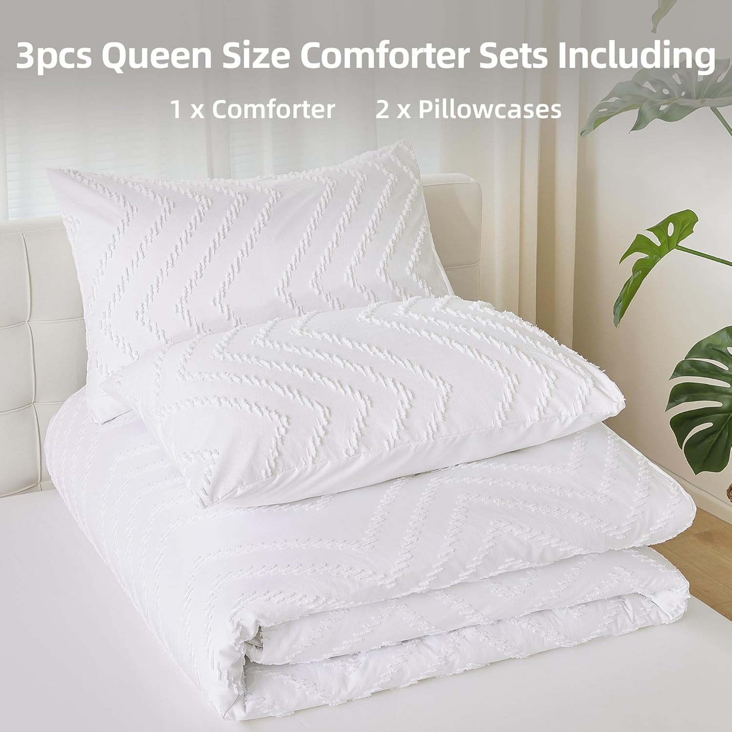 White Comforter Queen Size 3Pcs, Boho Chevron Queen White Farmhouse Bedding Sets, Vertical Tufted Lightweight Neutral Boho Bed Set (1 Comforter, 2 Pillowcases)