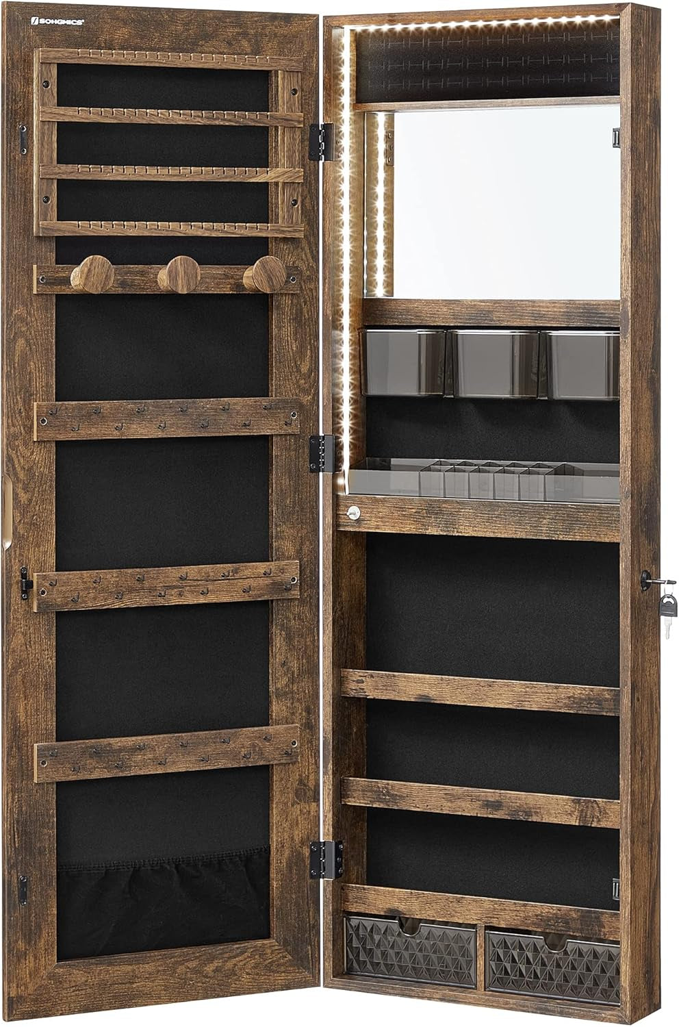 Mirror Jewelry Cabinet Armoire Organizer, Wall or Door Mount Storage Cabinet with Full-Length Frameless Lighted Mirror, Built-In Makeup Mirror, 2 Drawers, Lockable, Rustic Brown UJJC013X01