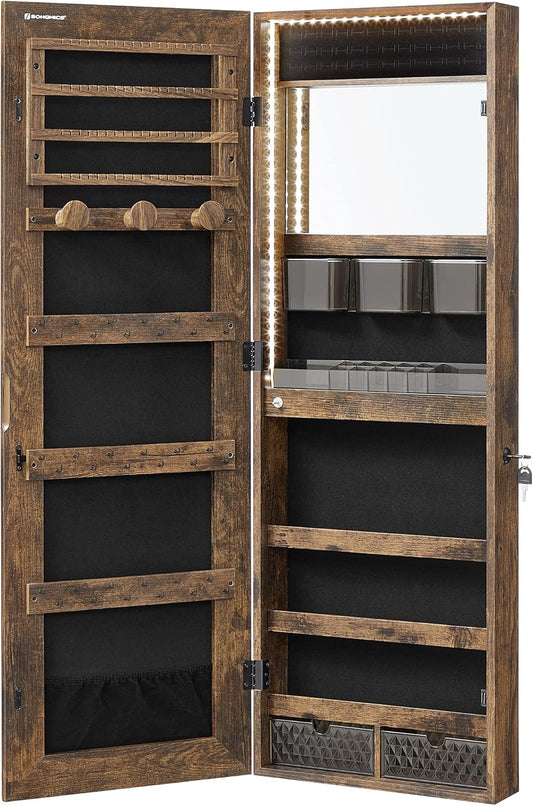 Mirror Jewelry Cabinet Armoire Organizer, Wall or Door Mount Storage Cabinet with Full-Length Frameless Lighted Mirror, Built-In Makeup Mirror, 2 Drawers, Lockable, Rustic Brown UJJC013X01