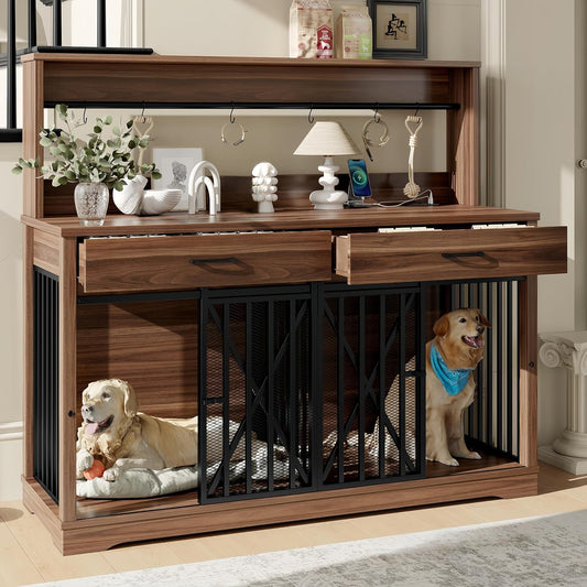 Double Dog Crate Furniture, Large Wood for Big Breeds. Enclosure with Divider, Doubles as Corner TV Stand. Ideal for Indoor Use, Fits 2 Dogs