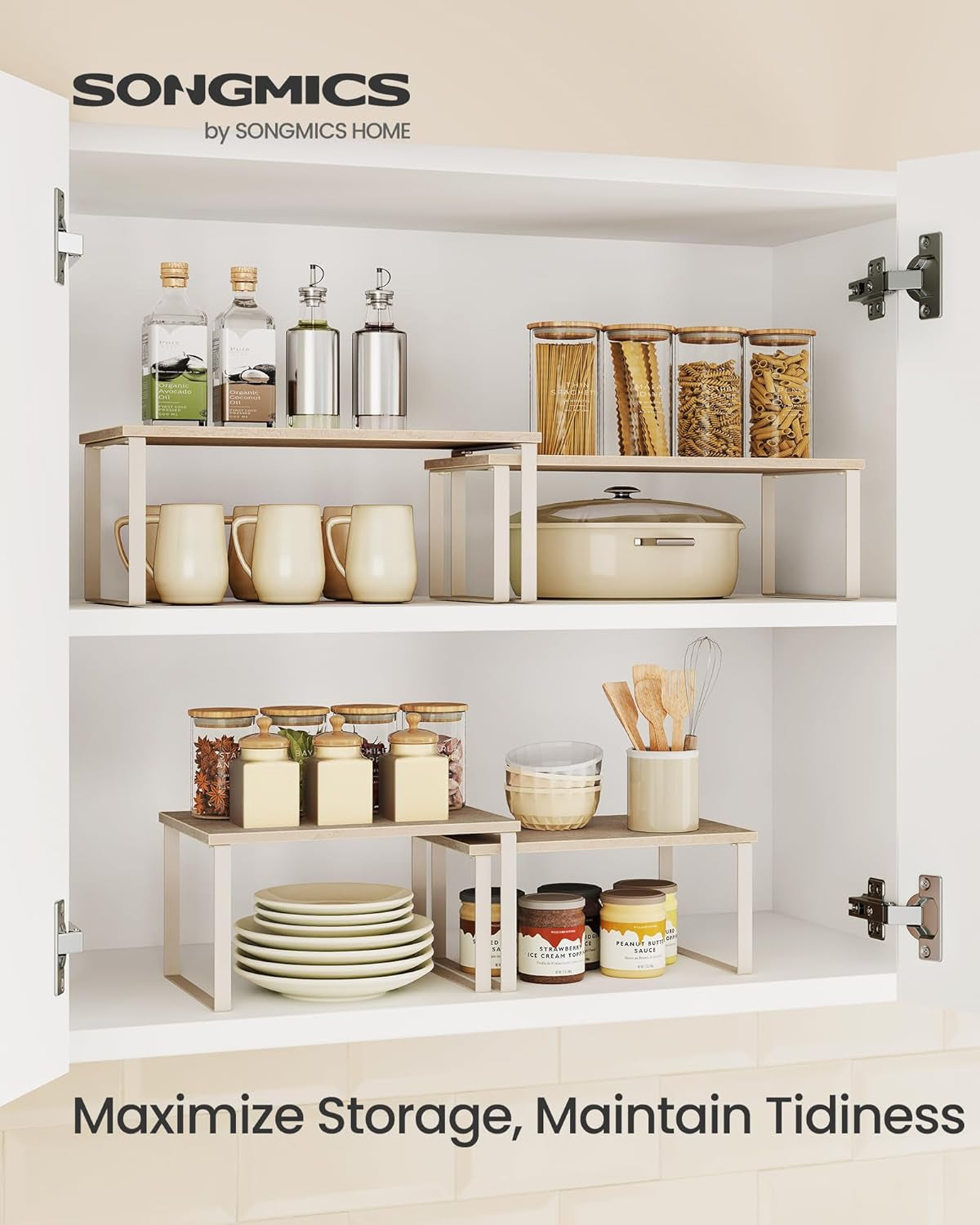 Cabinet Organizer Shelf, Set of 2 Kitchen Counter Shelves, Kitchen Storage, Spice Rack, Stackable, Expandable, Metal and Engineered Wood, Travertine Beige and Cream White UKCS020L01
