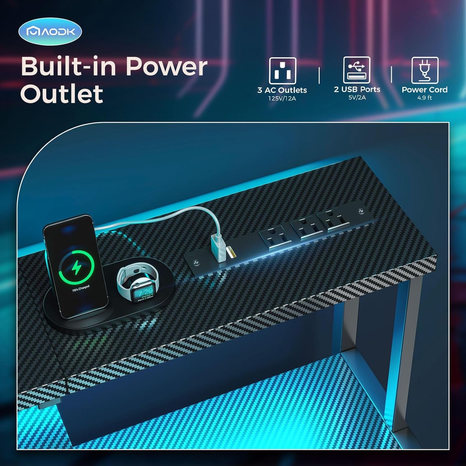 Computer Desk, 48 Inch Gaming Desk with Led Lights & Power Outlet, Office Desk with Storage Shelves, Reversible Desk with Monitor Shelf & Headphone Hook, Carbon Fiber Black