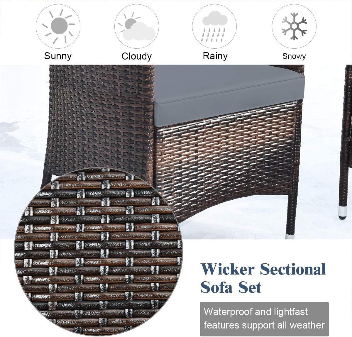 8PCS Rattan Patio Furniture Set, Outdoor Wicker Rattan Chairs with Coffee Table, Rattan Cushioned Conversation Set for Backyard Balcony Porch Poolside, Grey