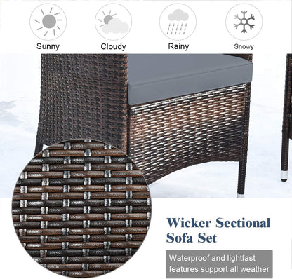 8PCS Rattan Patio Furniture Set, Outdoor Wicker Rattan Chairs with Coffee Table, Rattan Cushioned Conversation Set for Backyard Balcony Porch Poolside, Grey