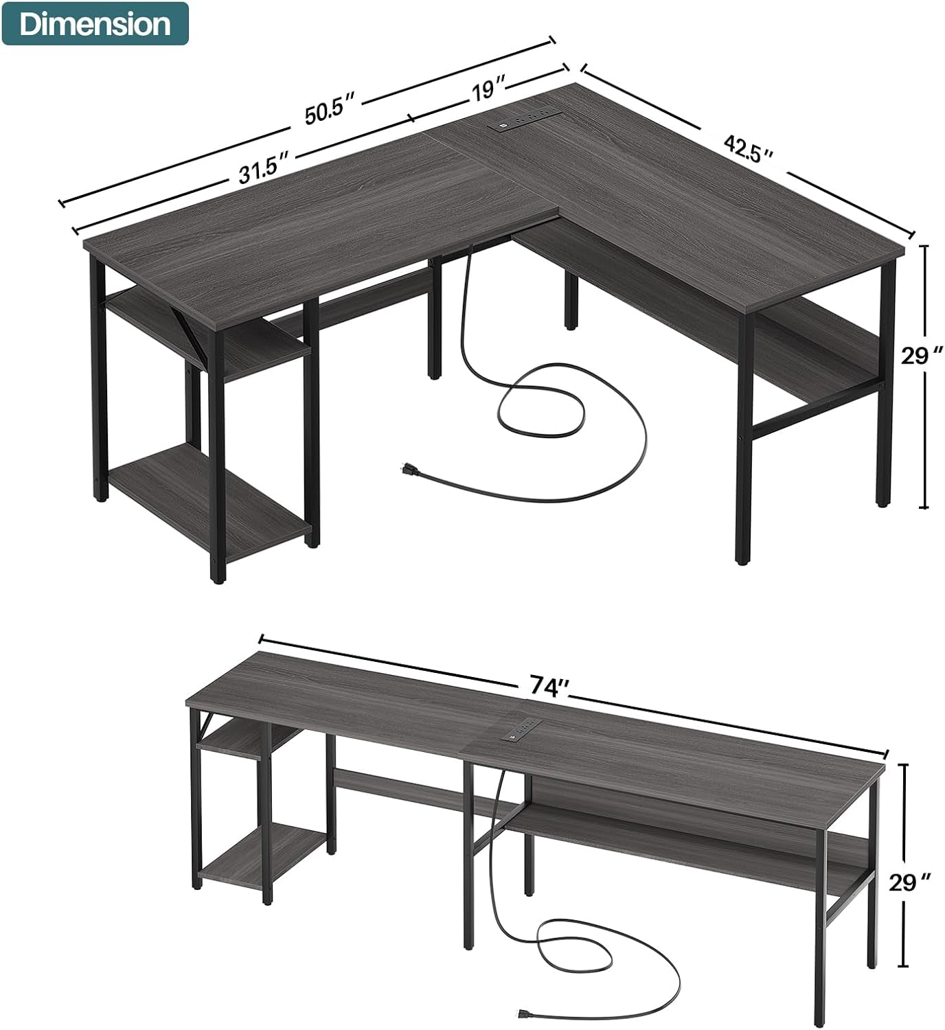 L Shaped Computer Desk with LED Strip and Power Outlets, Reversible Corner Desk with Monitor Stand and Storage Shelf, Modern Gaming Home Office Table with USB Ports, White