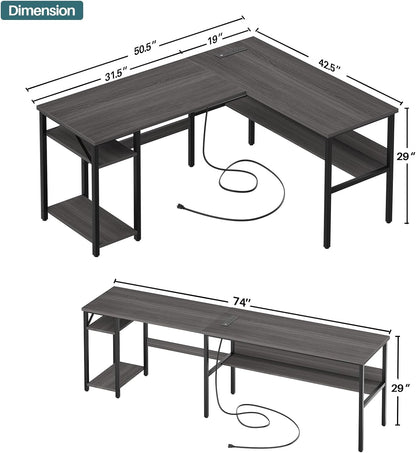 Reversible L Shaped Computer Desk with Magic Power Outlets and USB Charging Ports, Sturdy Corner Desk with Storage Shelves, Durable Work Desk for Home Office, Easy to Assemble, White