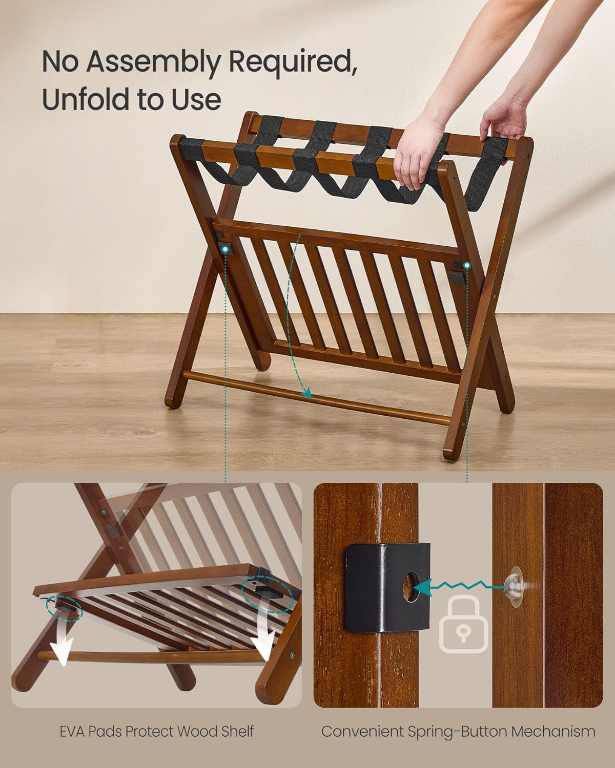 Solid Wood Luggage Rack, No Assembly Required, Foldable Suitcase Stand, Luggage Holder, with Storage Shelf, for Guest Room, Hotel, Bedroom, Coffee Brown URLR020K02
