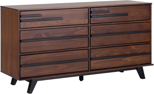 Malhia Contemporary Minimalist Solid Wood 6-Drawer Dresser, 60 Inch, Walnut