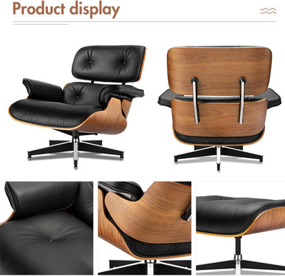 Mid Century Chaise Lounge Chair with Ottoman, Top Black Grain Leather, Modern Office Chair Classic Design, Heavy Duty Base Support for Living Room Lounge Office