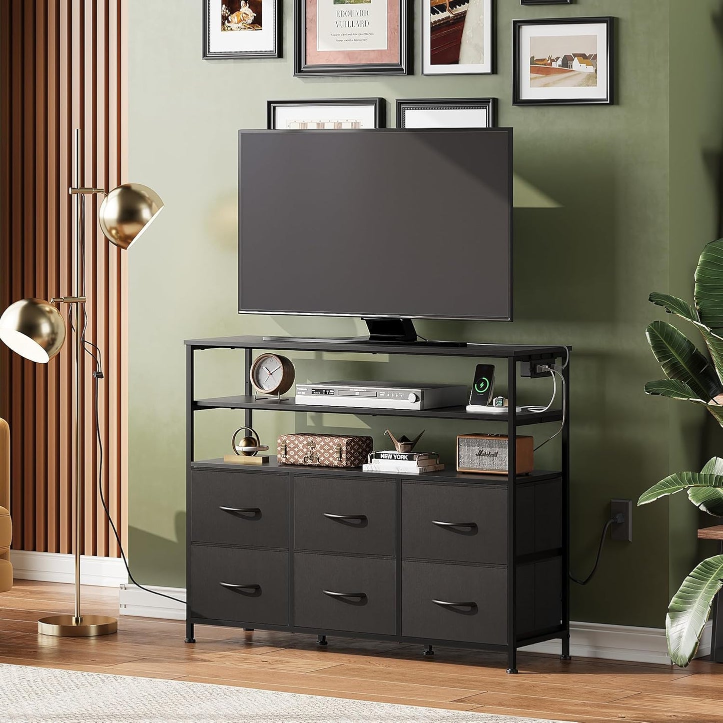 Black TV Stand for 40, 45 Inch TV, Entertainment Center with LED Lights & Charging Station, TV Media Console Table with 6 Fabric Drawers and Open Shelves for Living Room, Hallway, Wood Top