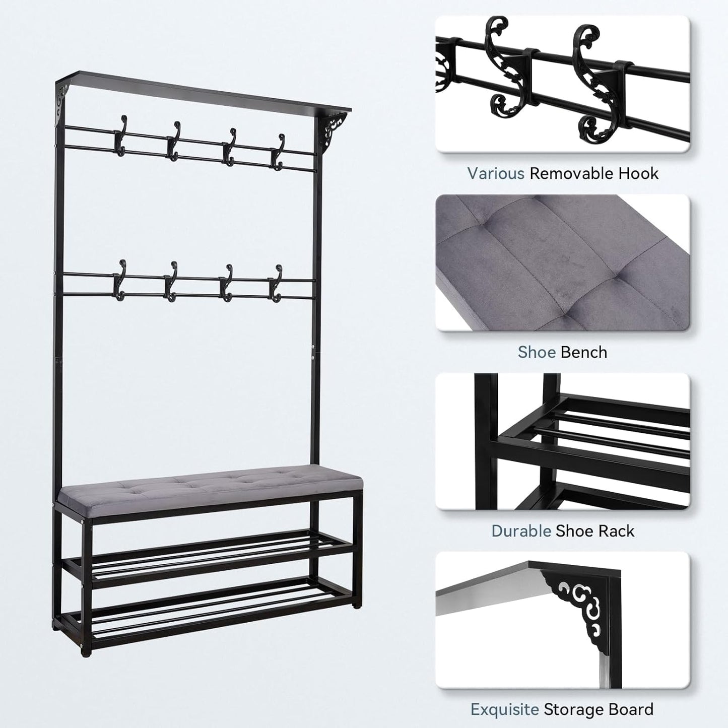 4-In-1 Entryway Hall Tree with Bench & Shoe Storage, 39.3" Multifunctional Coat Rack Organizer for Mudroom, Entryway Furniture with Adjustable Cushion, 400 Lb Weight Capacity.