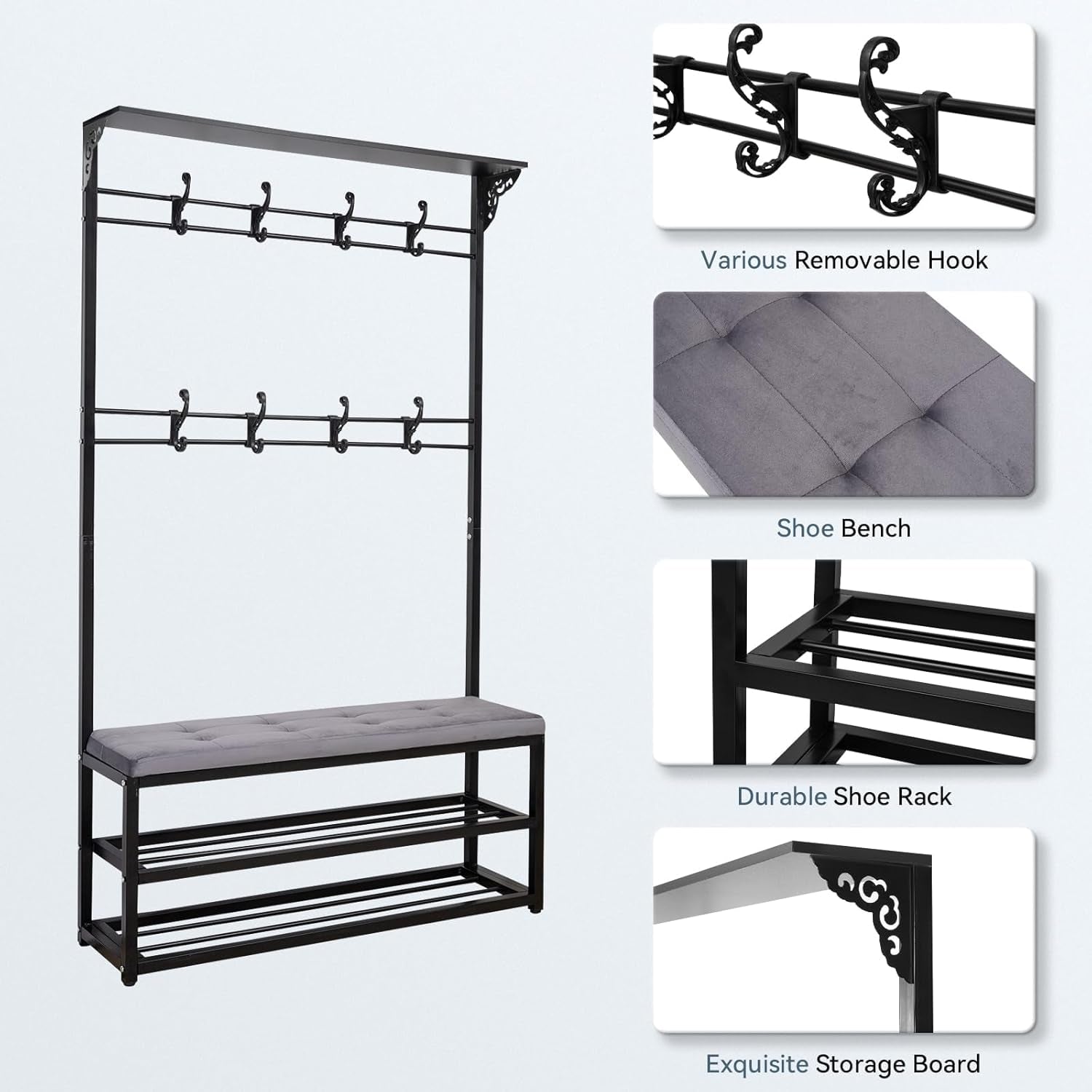 4-In-1 Entryway Hall Tree with Bench & Shoe Storage, 39.3" Multifunctional Coat Rack Organizer for Mudroom, Entryway Furniture with Adjustable Cushion, 400 Lb Weight Capacity.