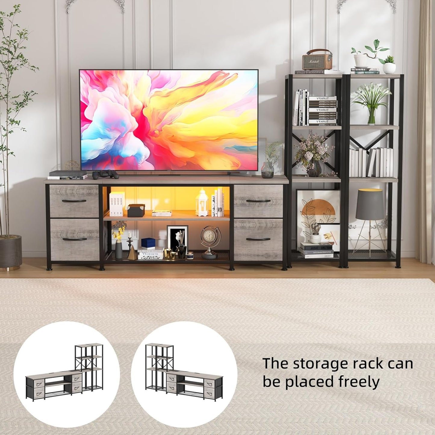 LED TV Stand 60 Inch for Living Room with Charging Station, Entertainment Center with 2 Industrial Bookshelves, Modern Console Cabinet with Storage Drawers (Greige)