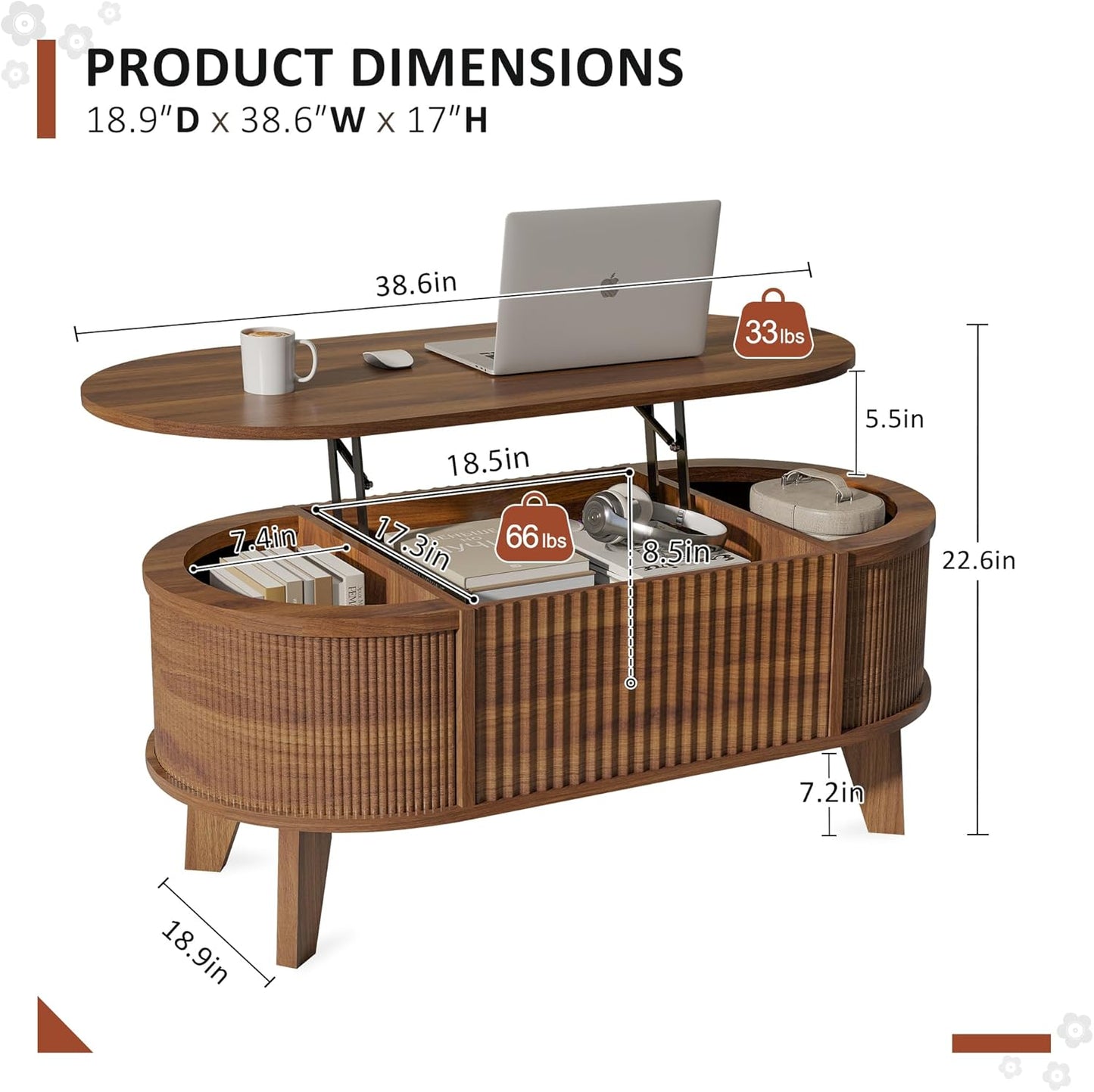 Fluted Lift Top Coffee Table with Storage,Modern Oval Coffee Table for Living Room or Home Office（Walnut）