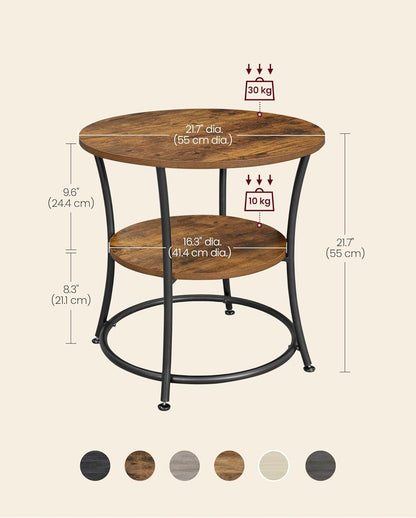 Side Table, 2-Tier round End Table, Nightstand with Steel Frame for Small Spaces, Living Room, Bedroom, Rustic Brown and Ink Black