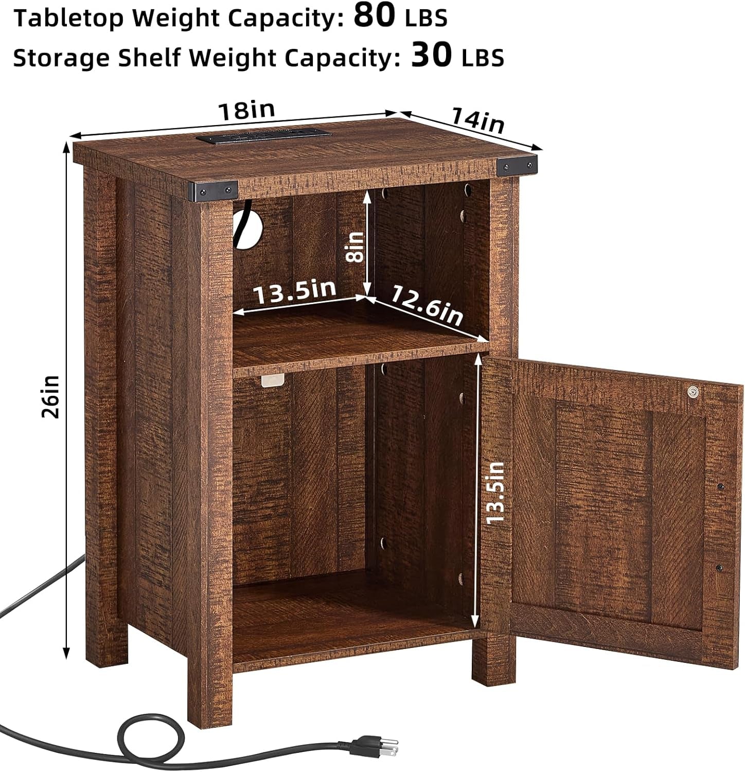 Night Stand with Charging Station and USB Port, 18 Inch Farmhouse Nightstand with Storage Shelf, Rustic Wood Bedside Table with Magnetic Door, Bed Side Tables for Bedroom, Reclaimed Barnwood