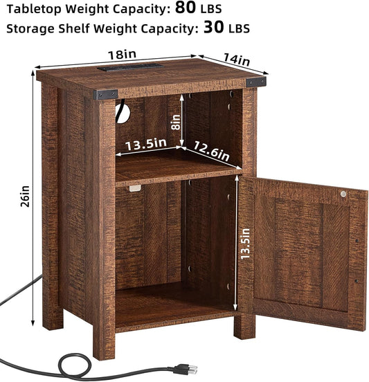 Night Stand with Charging Station and USB Port, 18 Inch Farmhouse Nightstand with Storage Shelf, Rustic Wood Bedside Table with Magnetic Door, Bed Side Tables for Bedroom, Reclaimed Barnwood