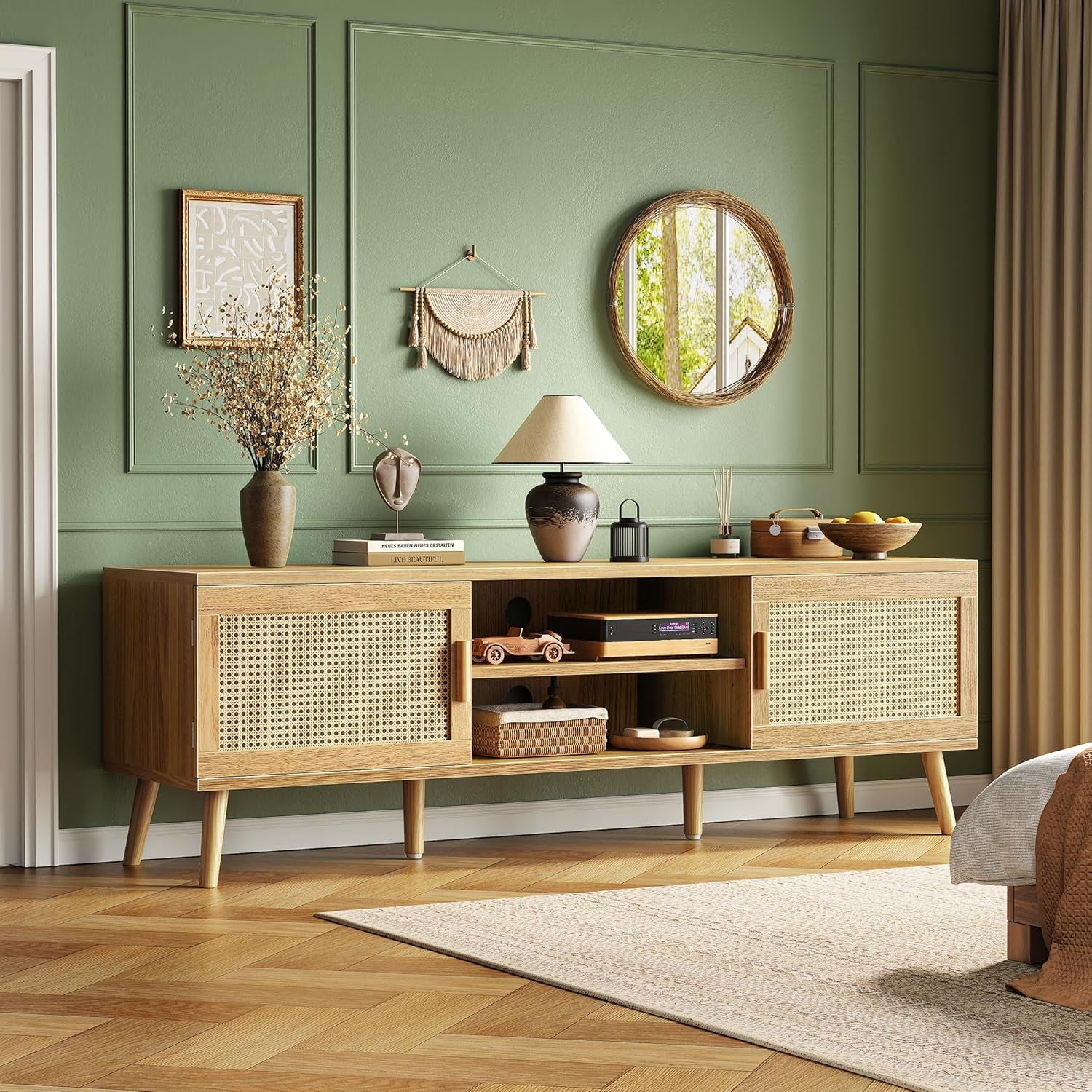 Boho TV Stand for 65 Inch TV, Entertainment Center with Adjustable Shelf, Rattan TV Console with 2 Cabinets, Media Console, Solid Wood Feet, 4 Cord Holes, for Living Room - Natural