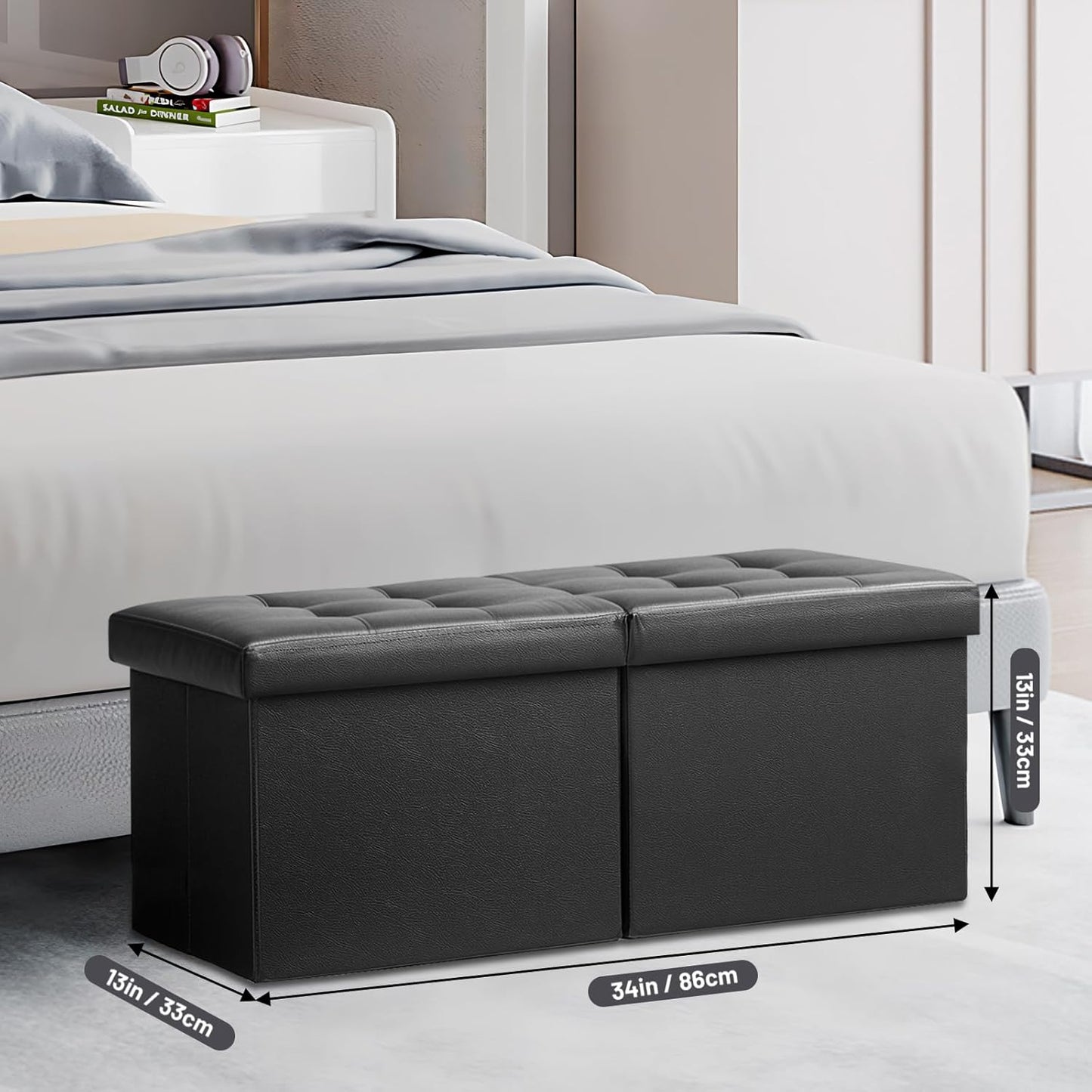 Footrest Ottoman Bench with Storage,34Inch Black Leather Footstool, Coffee Table, Padded Seat, Storage Chest,Blanket Store with Flipping Lid for Livingroom and Bedroom